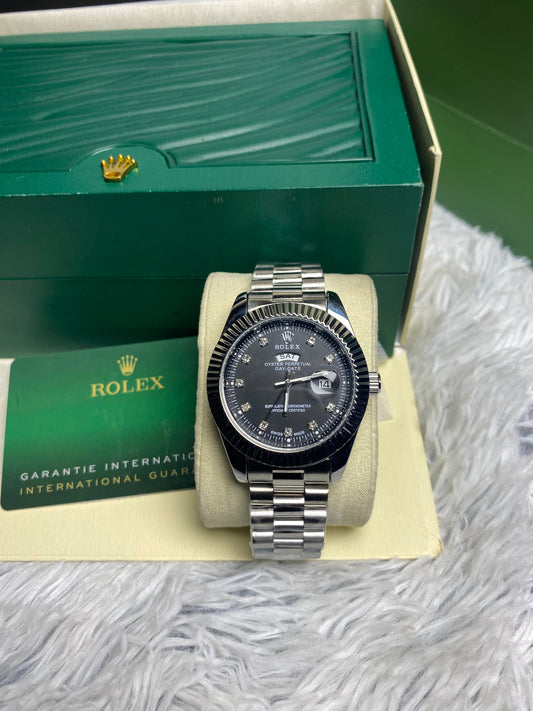 Rolex Silver Day And Date In Black Dial